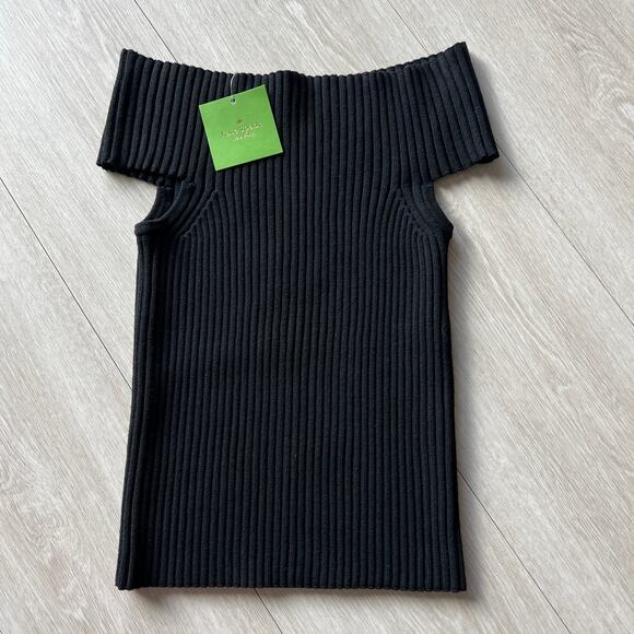 Kate Spade Off The Shoulder Sweater Top Cropped Large Fits Smaller Black Ribbed - Picture 1 of 13
